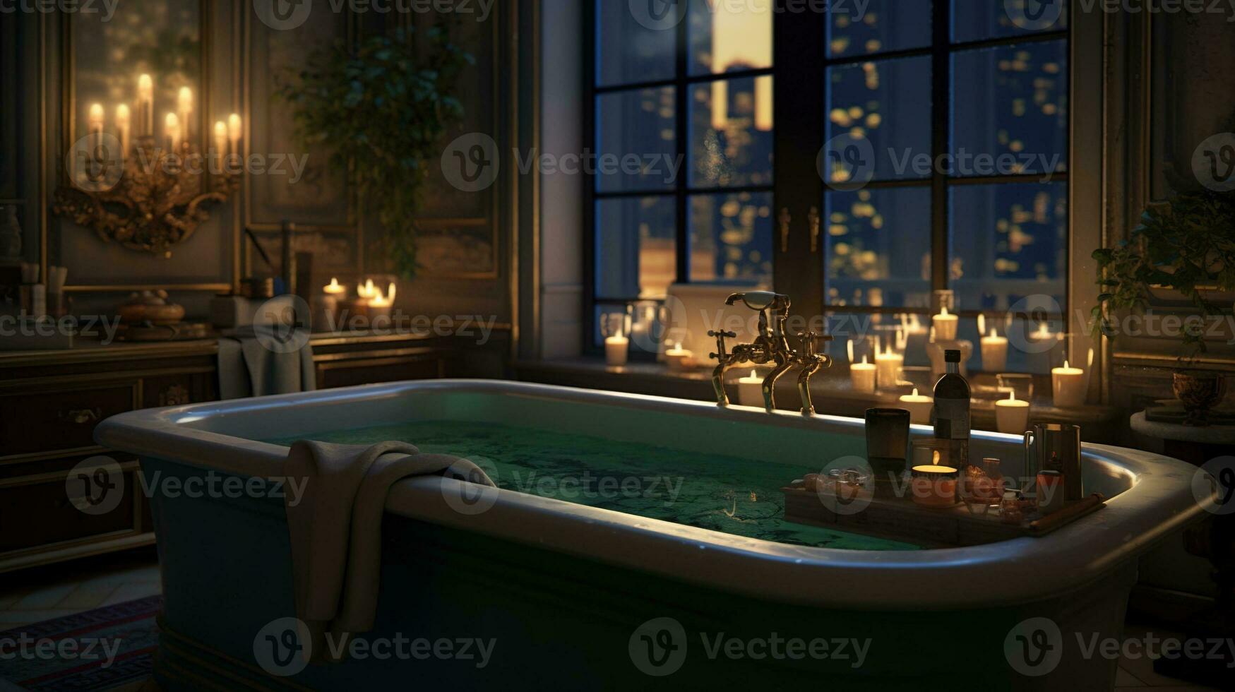 generativo ai, interior de moderno baño con ardiente velas en noche. romántico atmósfera, spa y relajarse concepto foto