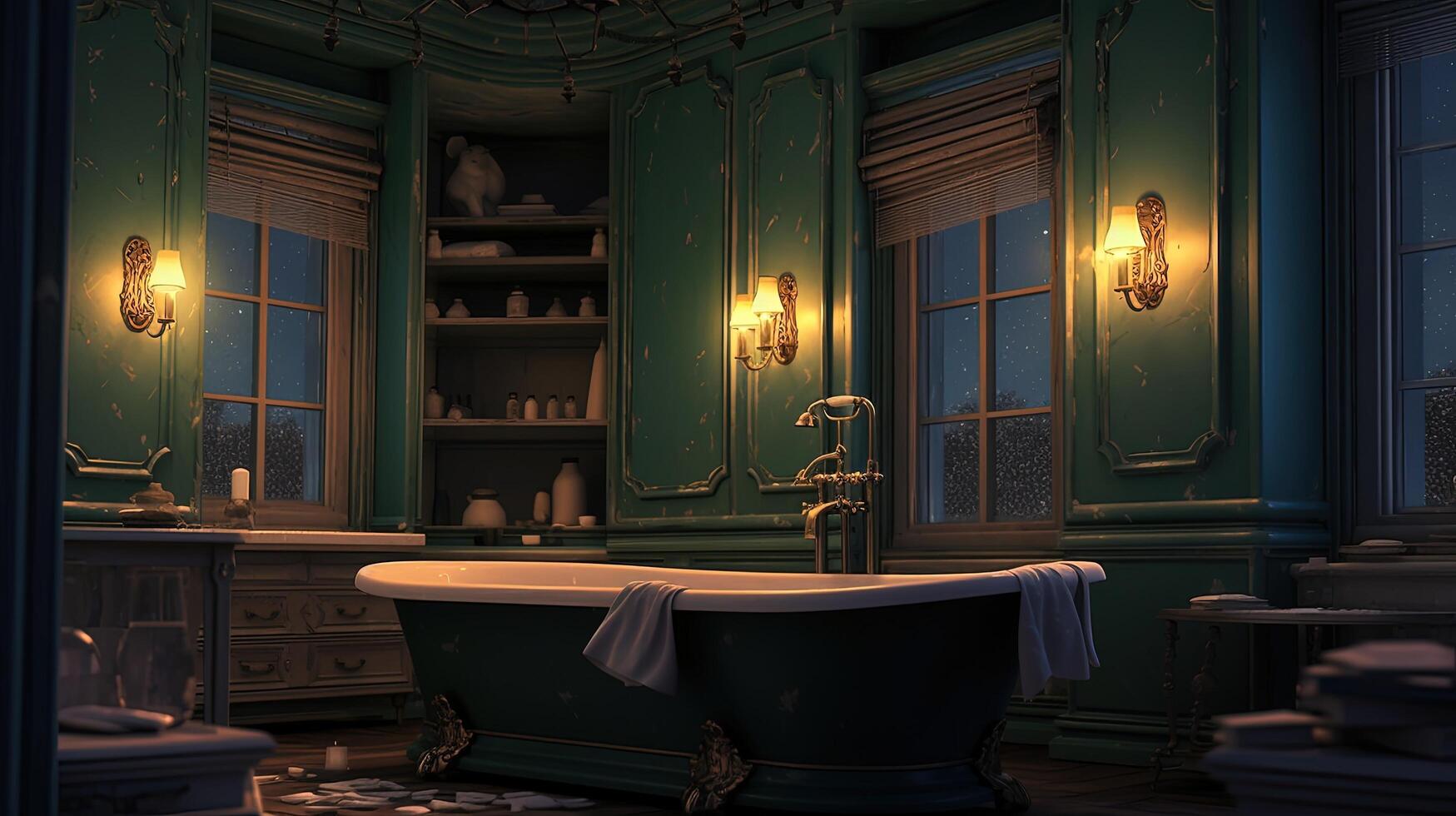 , Interior of modern bathroom with burning candles in evening. Romantic atmosphere, spa and relax concept photo