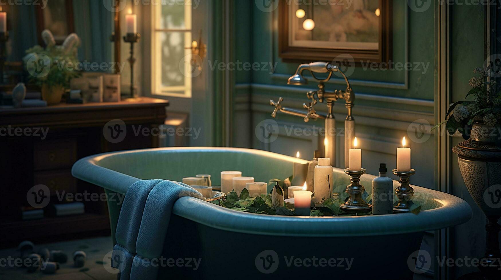 Generative AI, Interior of modern bathroom with burning candles in evening. Romantic atmosphere, spa and relax concept photo