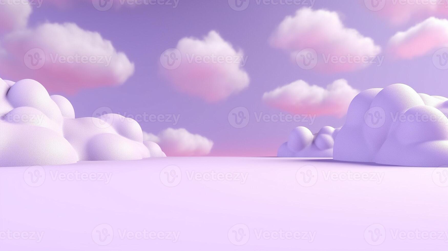 Generative AI, Purple, digital lavender color fantastic 3d clouds on the floor, sky and landscape. Gentle colors and with bright lights. photo