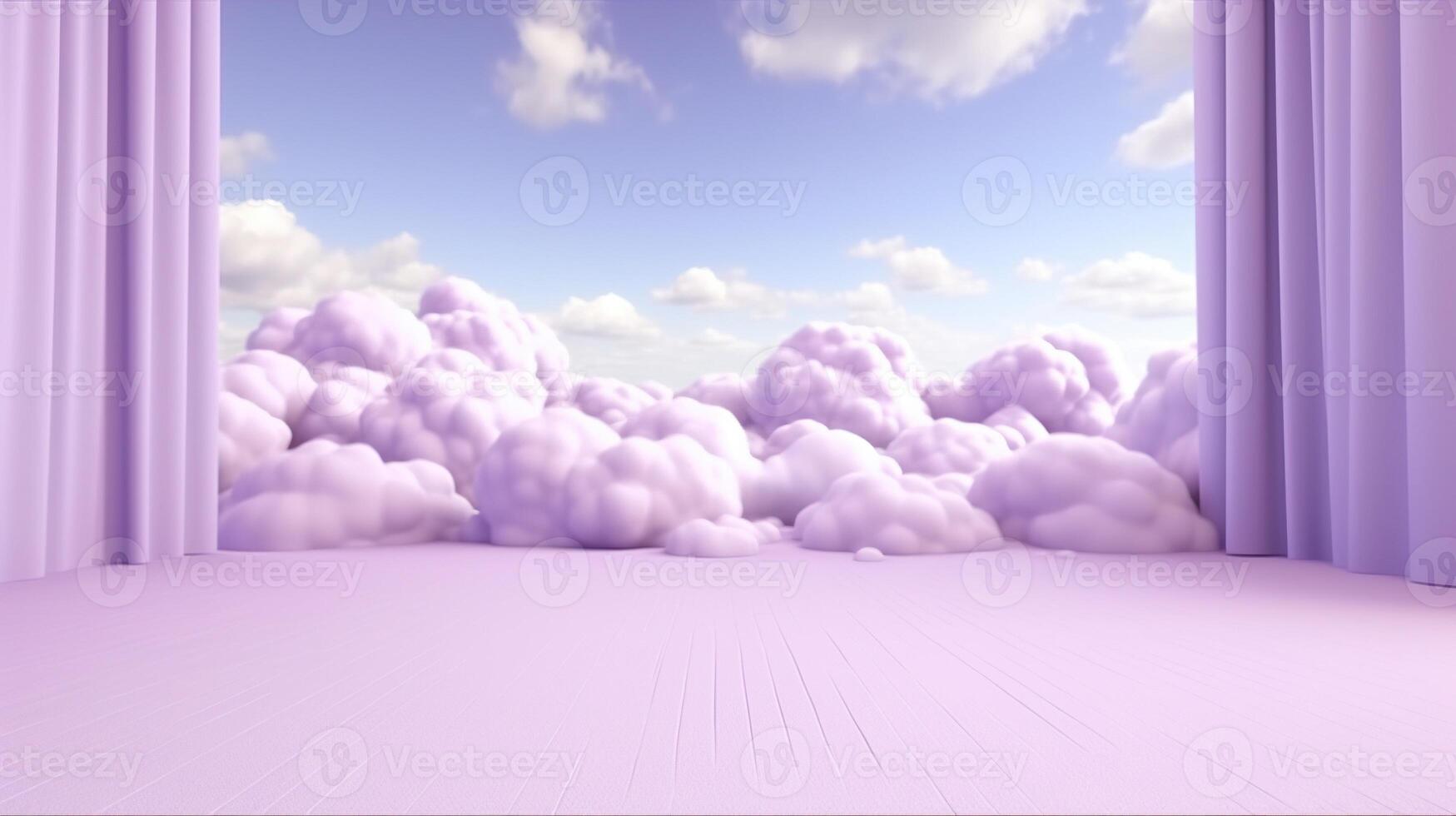 , Purple, digital lavender color fantastic 3d clouds on the floor, sky and landscape. Gentle colors and with bright lights. photo