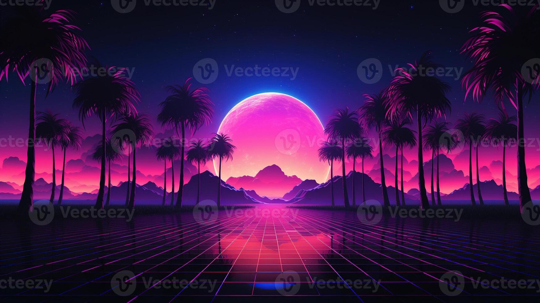 Generative AI, 80s retro futuristic sci-fi., nostalgic 90s. Night and sunset neon colors, cyberpunk vintage illustration. Sun, mountains and palms. Retrowave VJ videogame landscape. photo