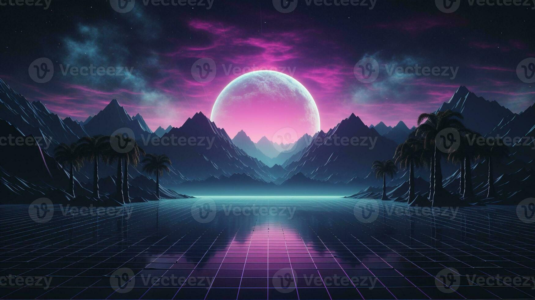 Generative AI, 80s retro futuristic sci-fi., nostalgic 90s. Night and sunset neon colors, cyberpunk vintage illustration. Sun, mountains and palms. Retrowave VJ videogame landscape. photo