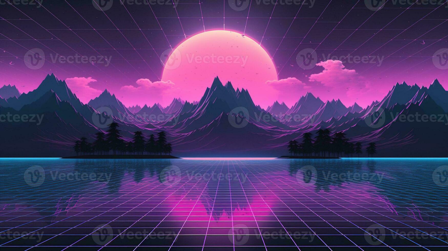 Generative AI, 80s retro futuristic sci-fi., nostalgic 90s. Night and sunset neon colors, cyberpunk vintage illustration. Sun, mountains and palms. Retrowave VJ videogame landscape. photo