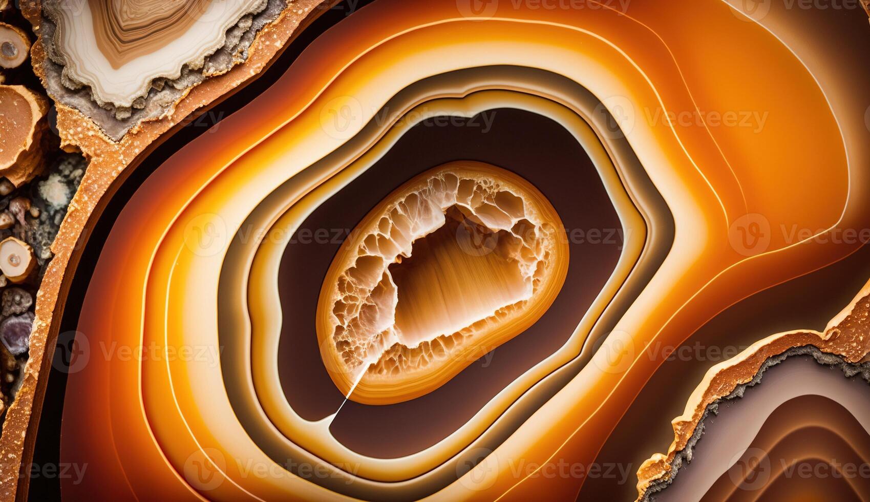 , natural volcanic agate stones close-up light orange, apricot crush and golden texture. Wallpaper background, quartz marble, decorative rock pattern. photo
