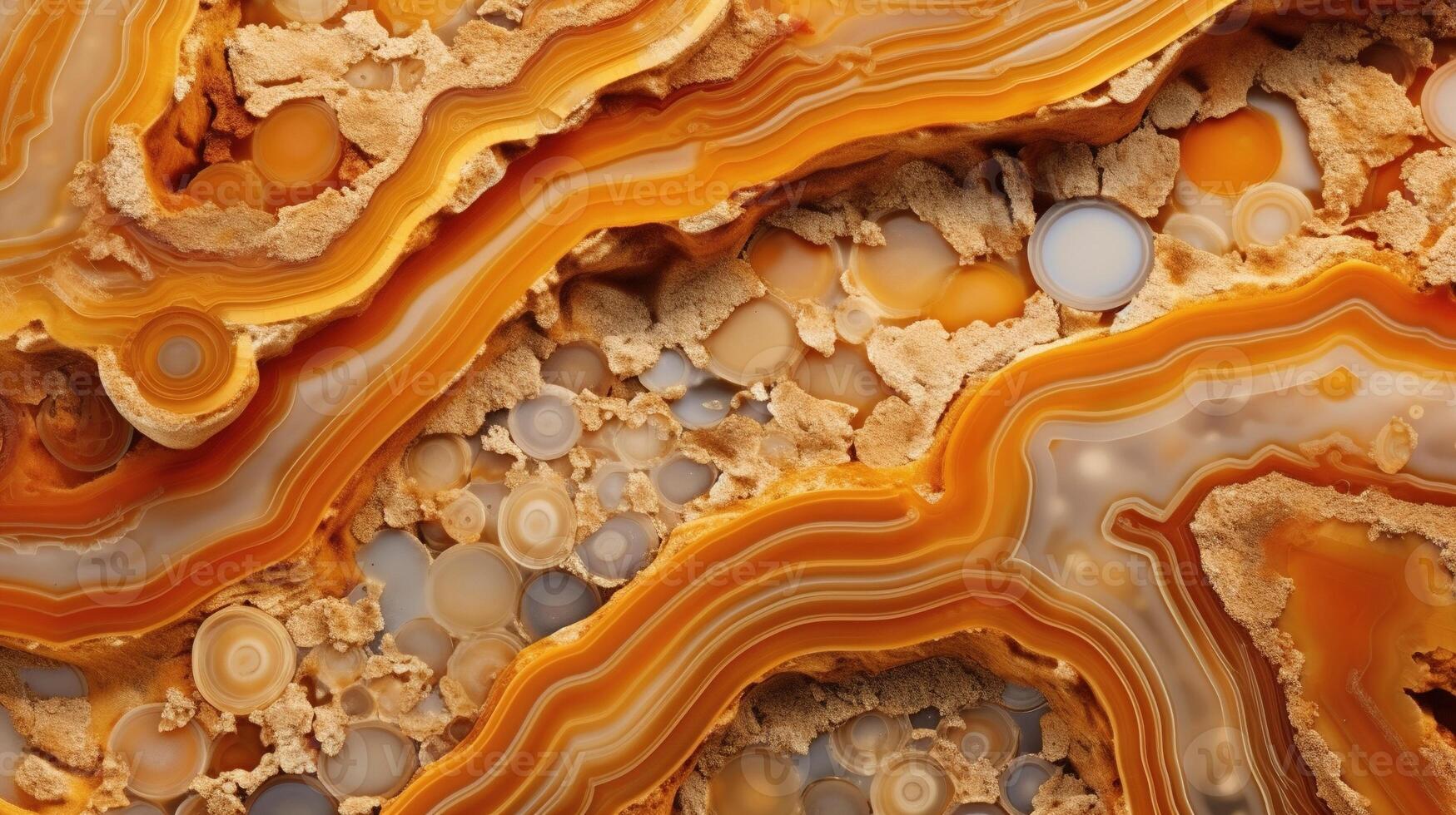 , natural volcanic agate stones close-up light orange, apricot crush and golden texture. Wallpaper background, quartz marble, decorative rock pattern. photo