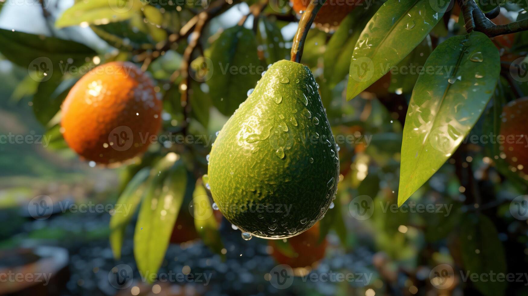 generativo ai, aguacate plantación, creciente Fruta colgando en el árbol. foto