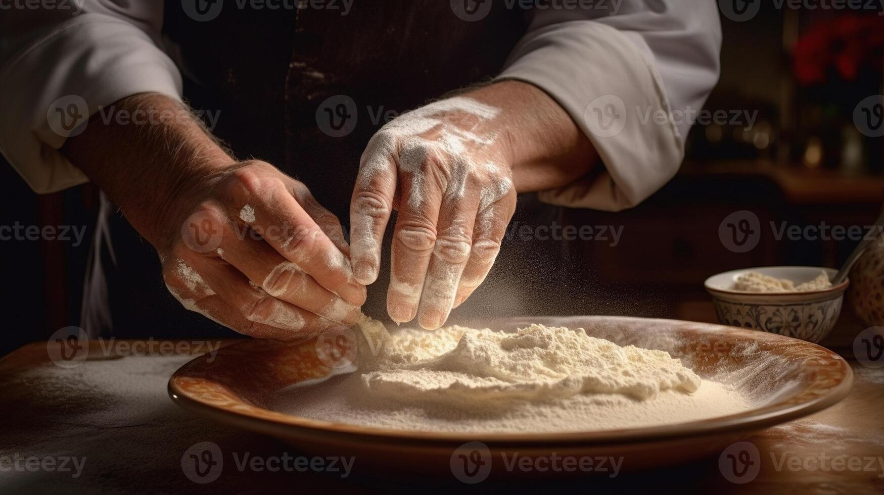 Generative AI, Hands of baker in restaurant or home kitchen, prepares ecologically natural pastries photo