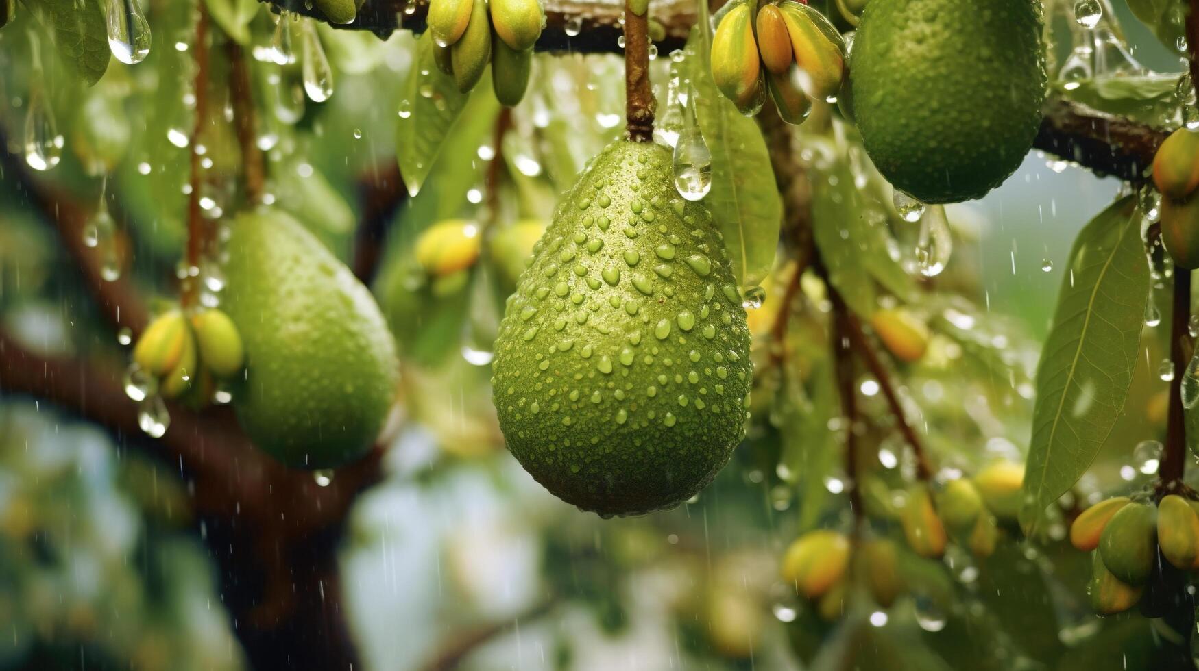 generativo ai, aguacate plantación, creciente Fruta colgando en el árbol. foto