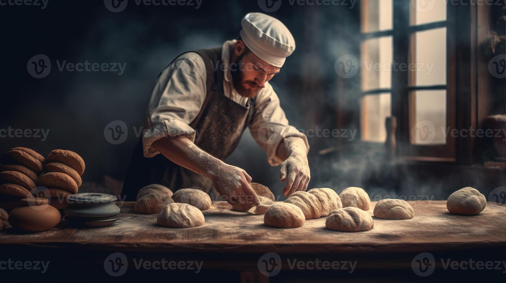 , Old man hands of baker in restaurant or home kitchen, prepares ecologically natural pastries. photo