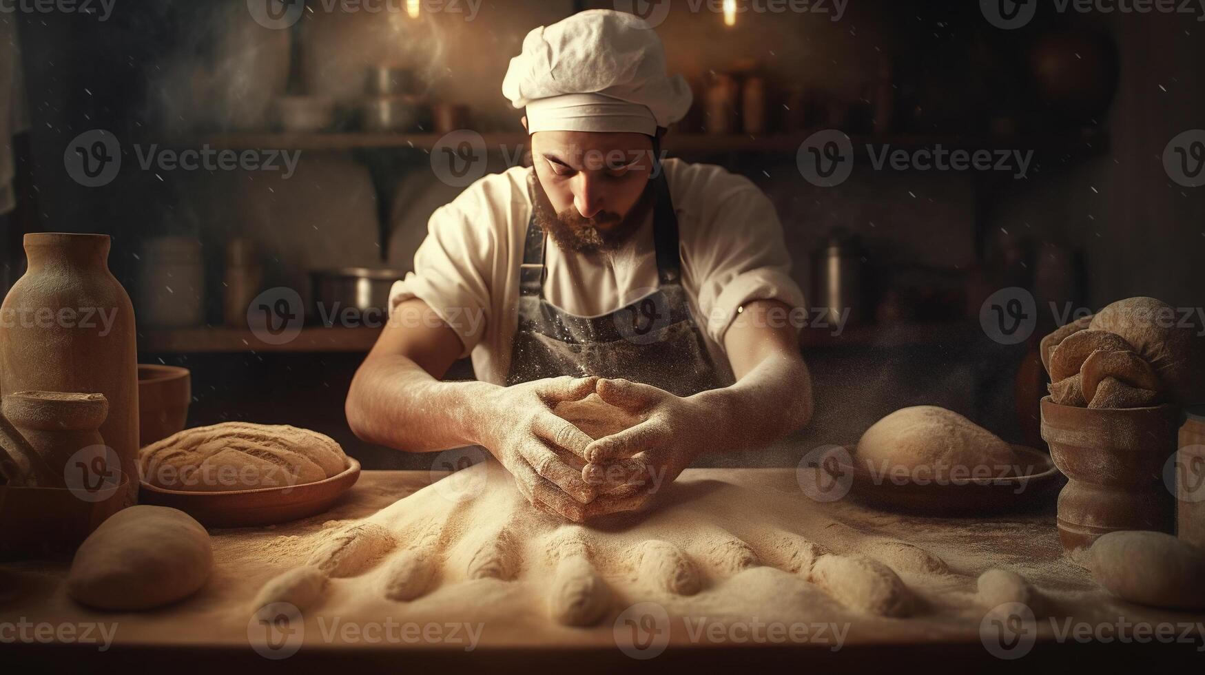 , Old man hands of baker in restaurant or home kitchen, prepares ecologically natural pastries. photo