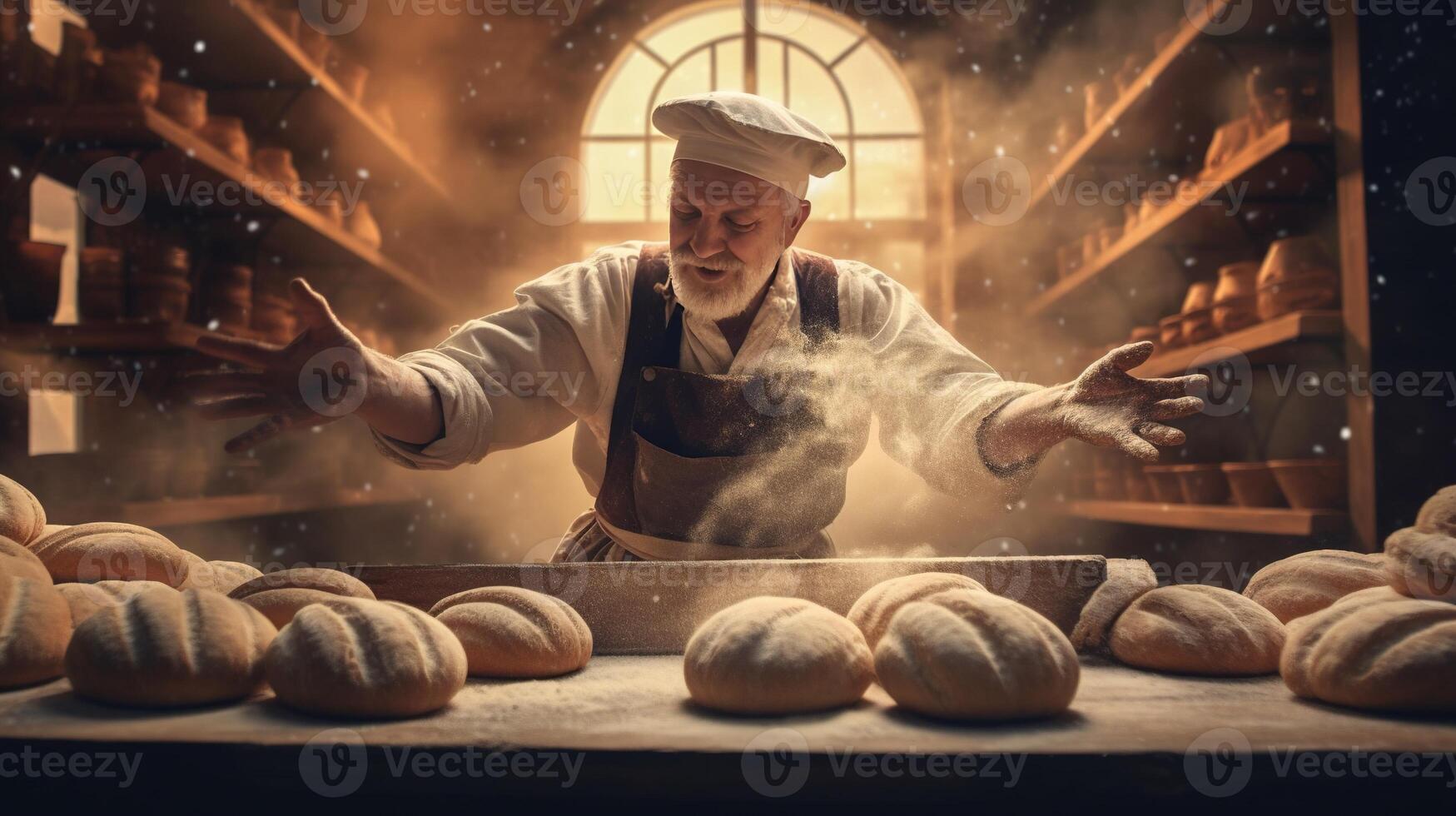 , Old man hands of baker in restaurant or home kitchen, prepares ecologically natural pastries. photo