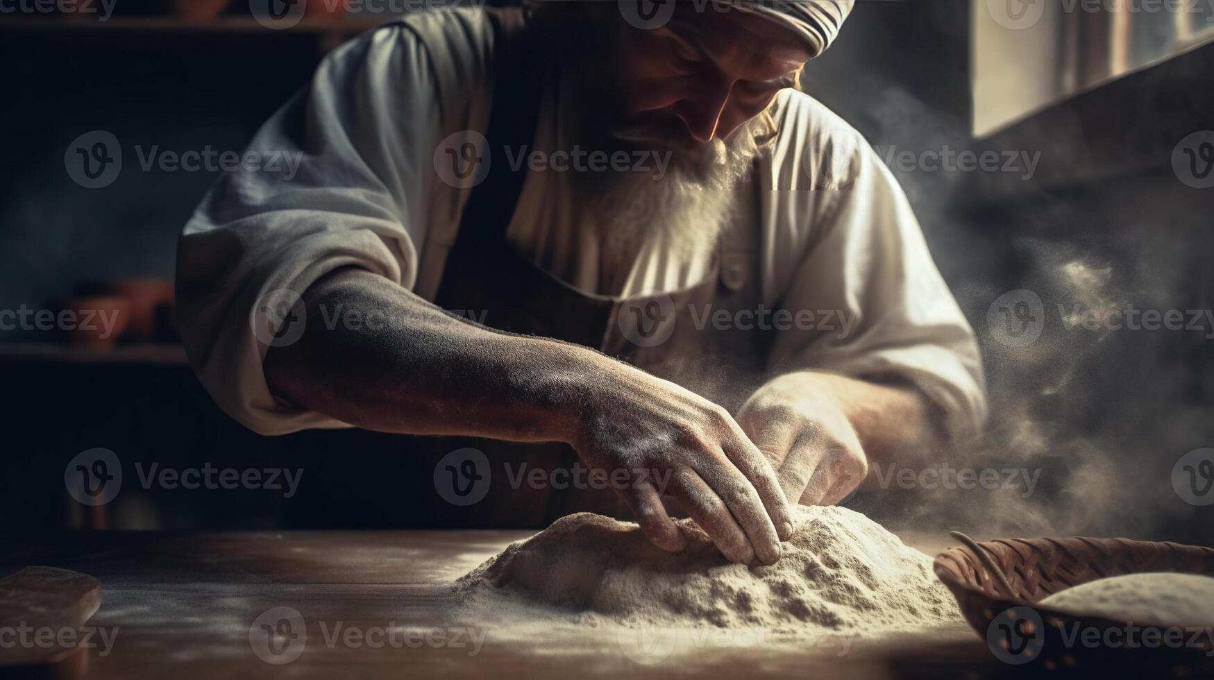 Generative AI, Old man hands of baker in restaurant or home kitchen, prepares ecologically natural pastries. photo