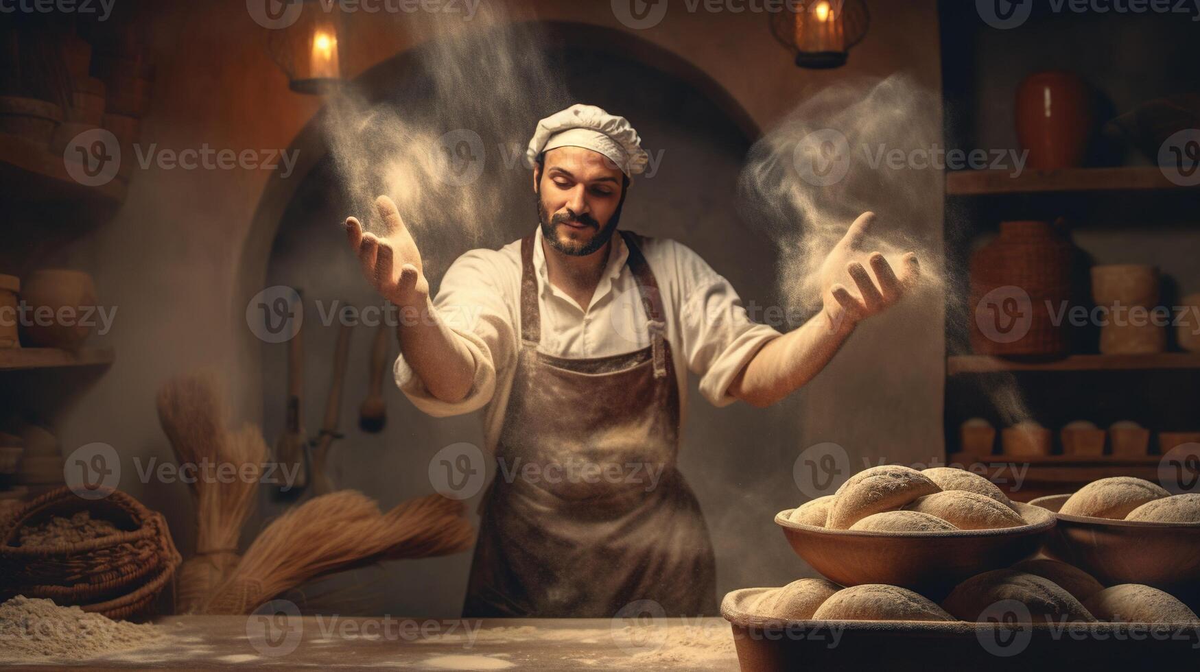 , Old man hands of baker in restaurant or home kitchen, prepares ecologically natural pastries. photo