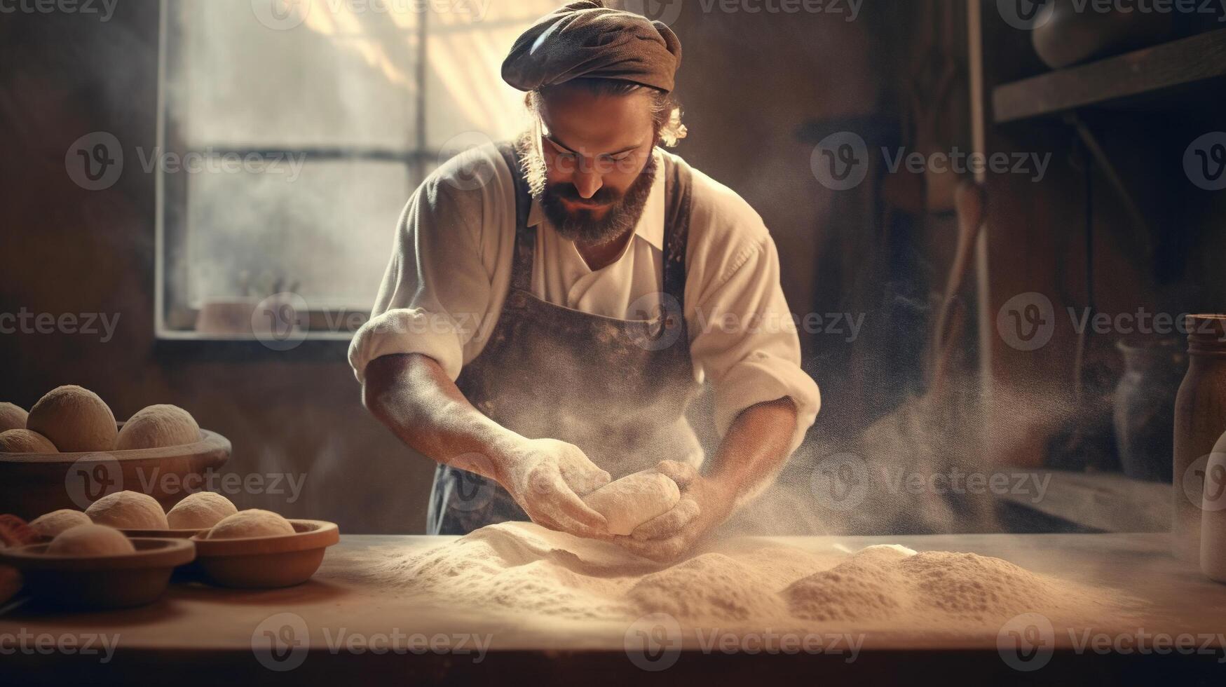 , Old man hands of baker in restaurant or home kitchen, prepares ecologically natural pastries. photo