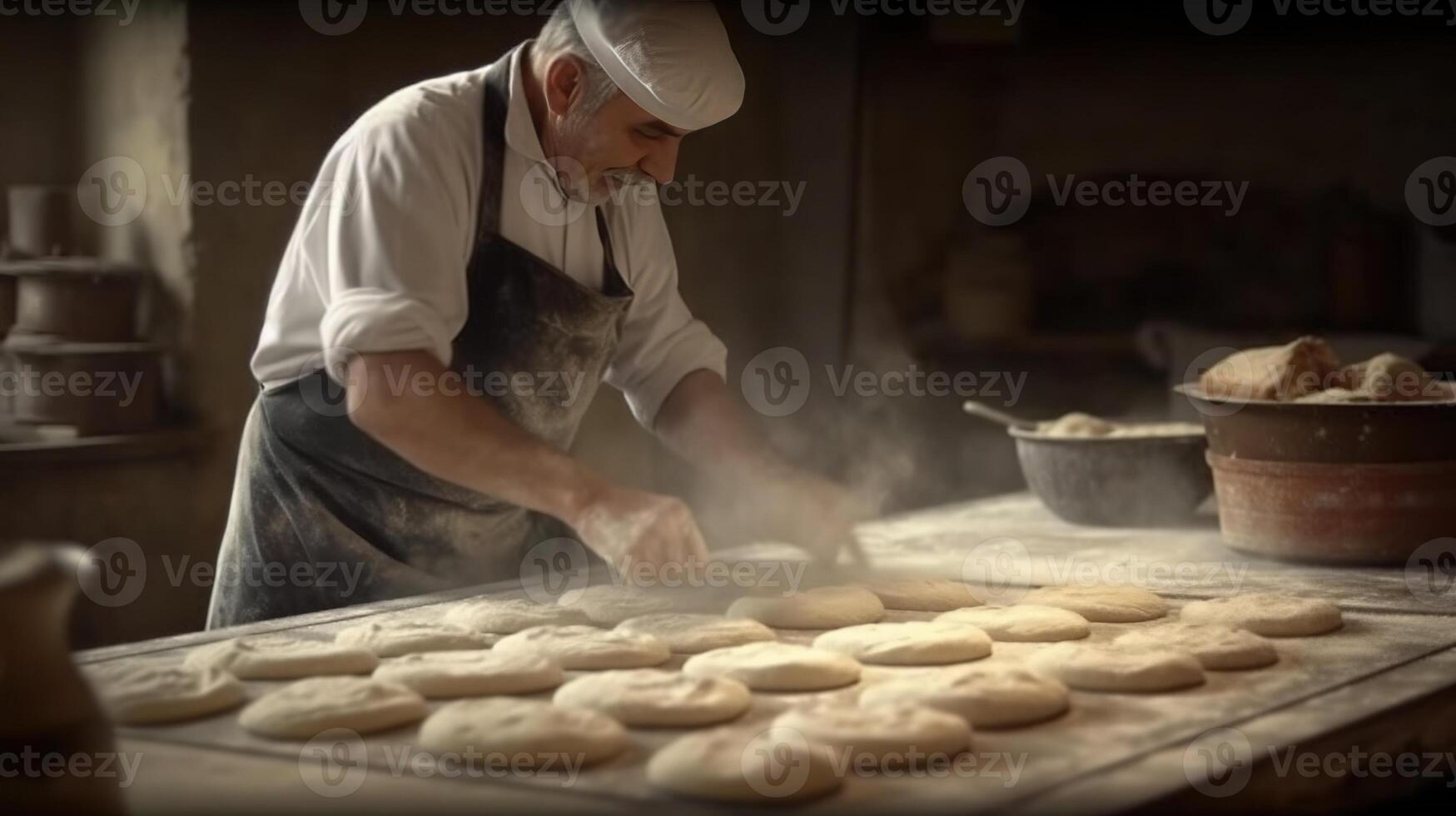 , Old man hands of baker in restaurant or home kitchen, prepares ecologically natural pastries. photo