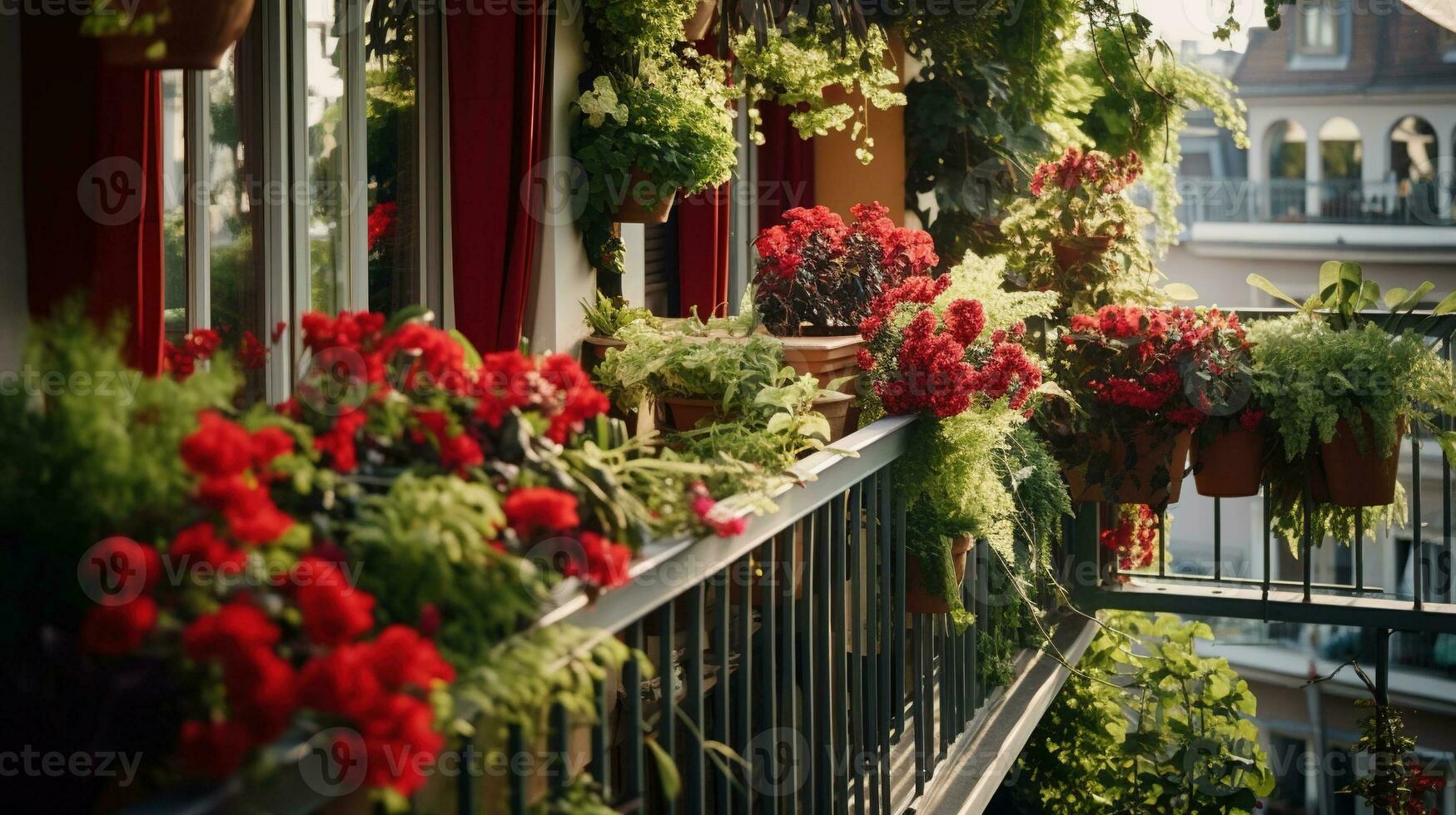 Generative AI, beautiful balcony surrounded by a tropical style garden, blooming flowers and green plants photo