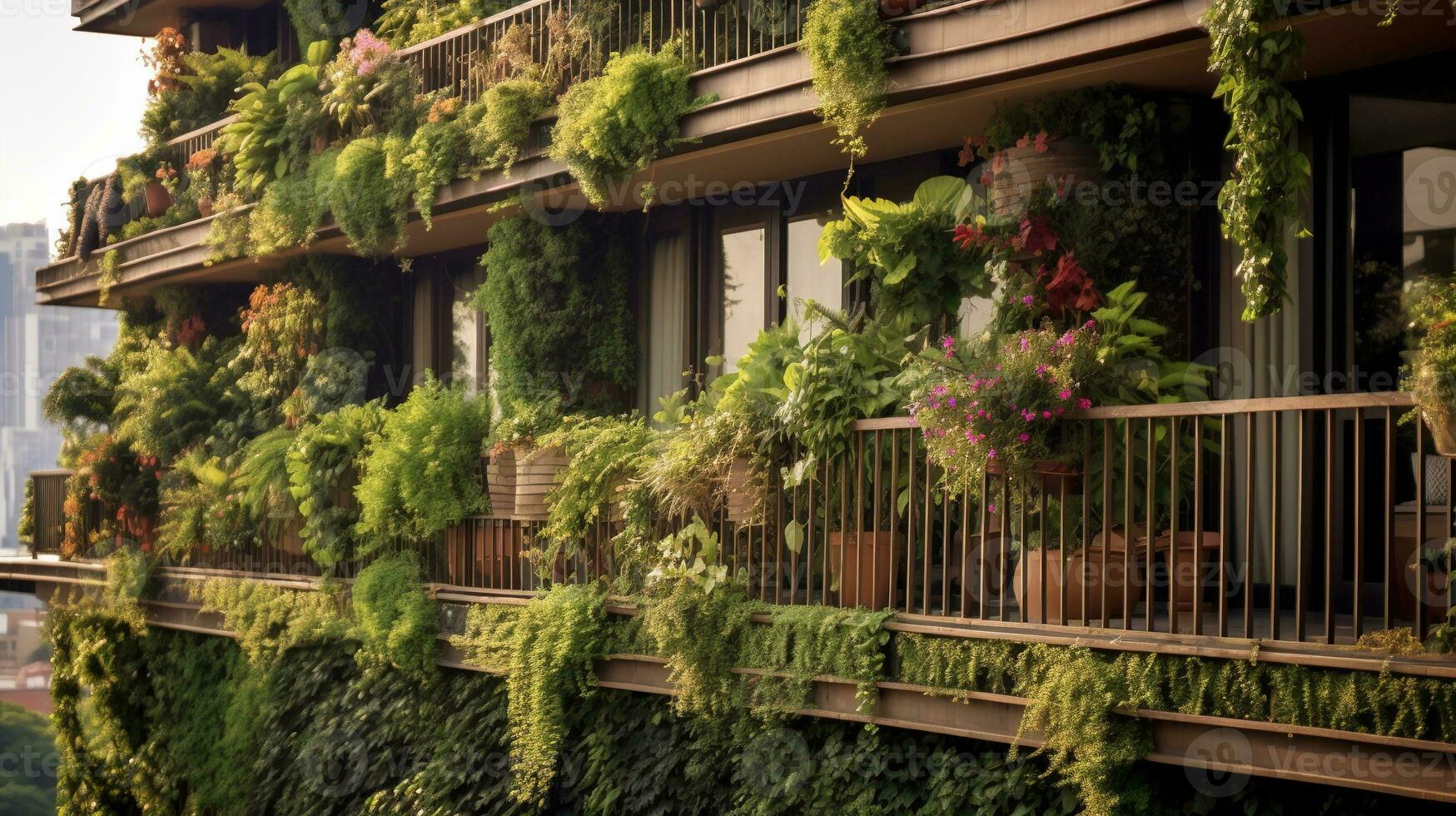 Generative AI, beautiful balcony surrounded by a tropical style garden, blooming flowers and green plants photo