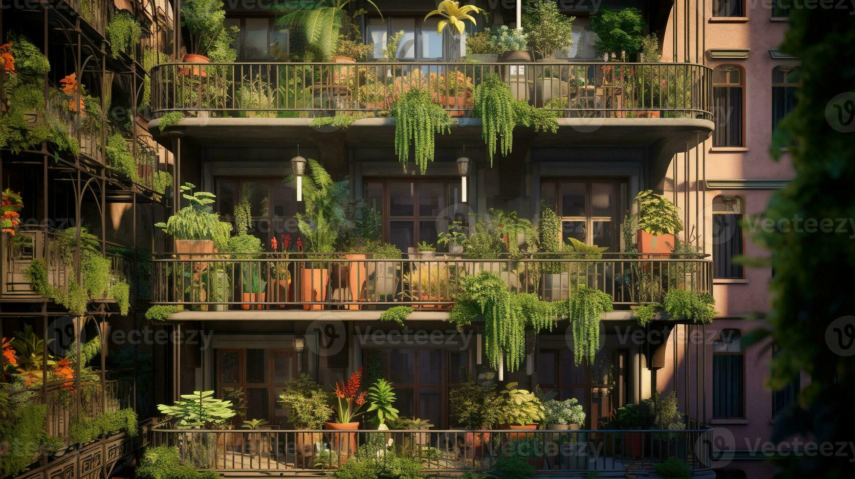 generativo ai, hermosa balcón rodeado por un tropical estilo jardín, floreciente flores y verde plantas foto