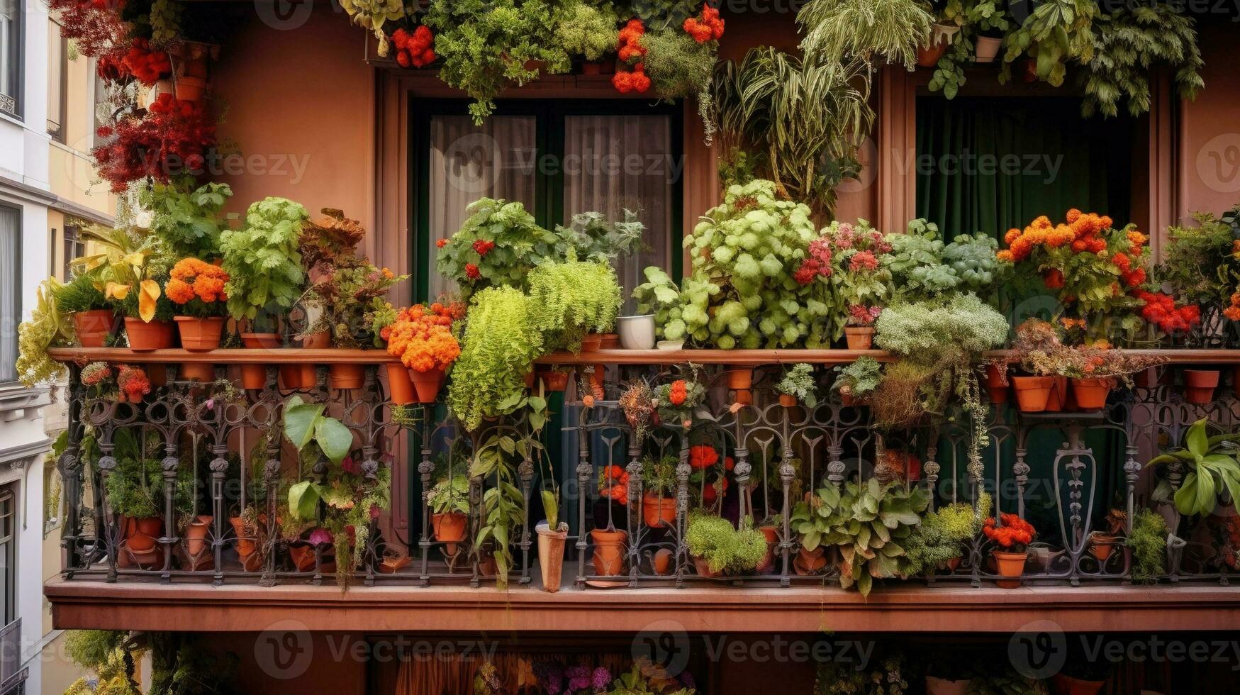 generativo ai, hermosa balcón rodeado por un tropical estilo jardín, floreciente flores y verde plantas foto