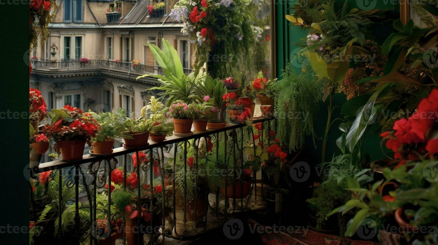Generative AI, beautiful balcony surrounded by a tropical style garden, blooming flowers and green plants photo