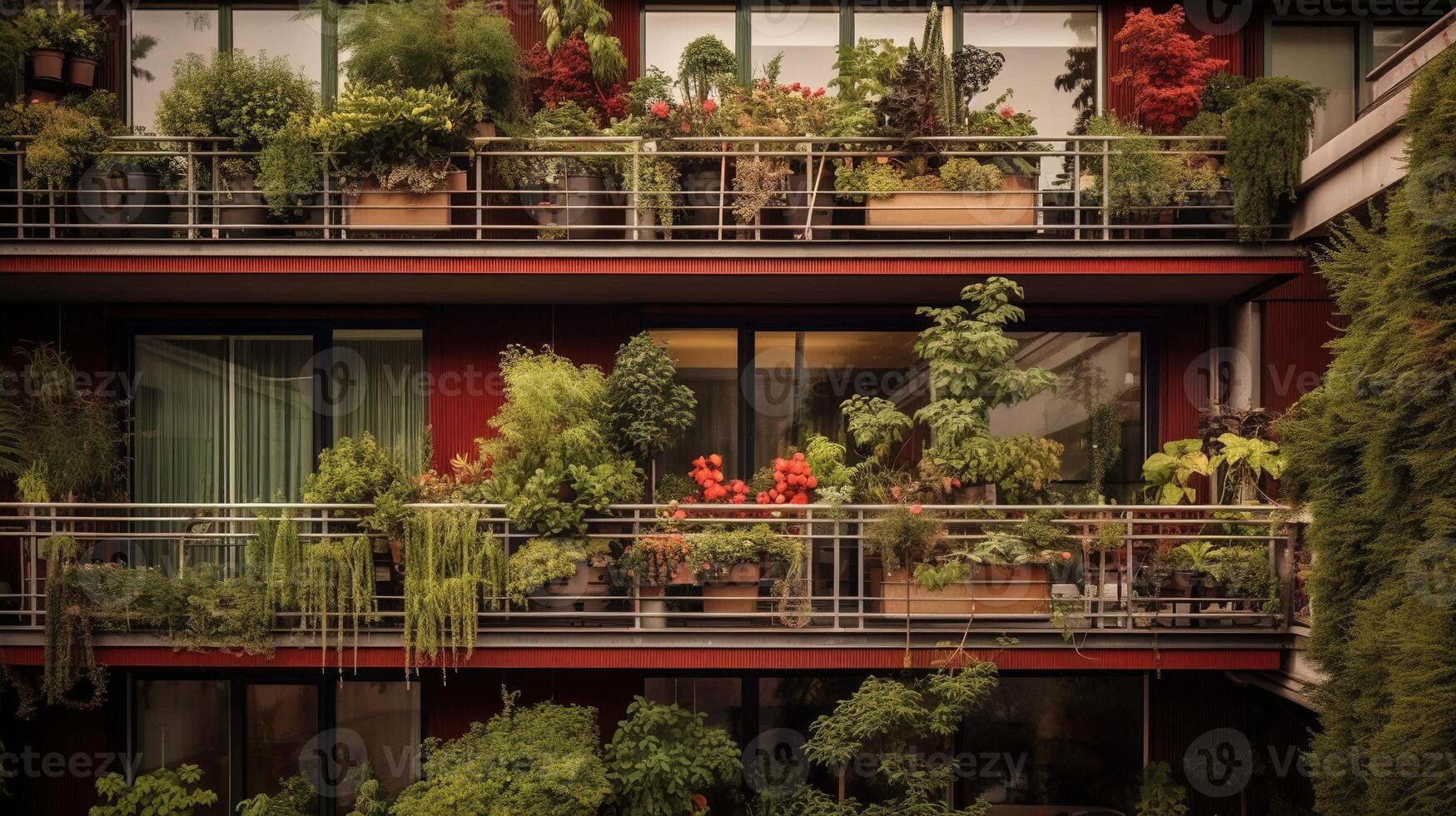 Generative AI, beautiful balcony surrounded by a tropical style garden, blooming flowers and green plants photo