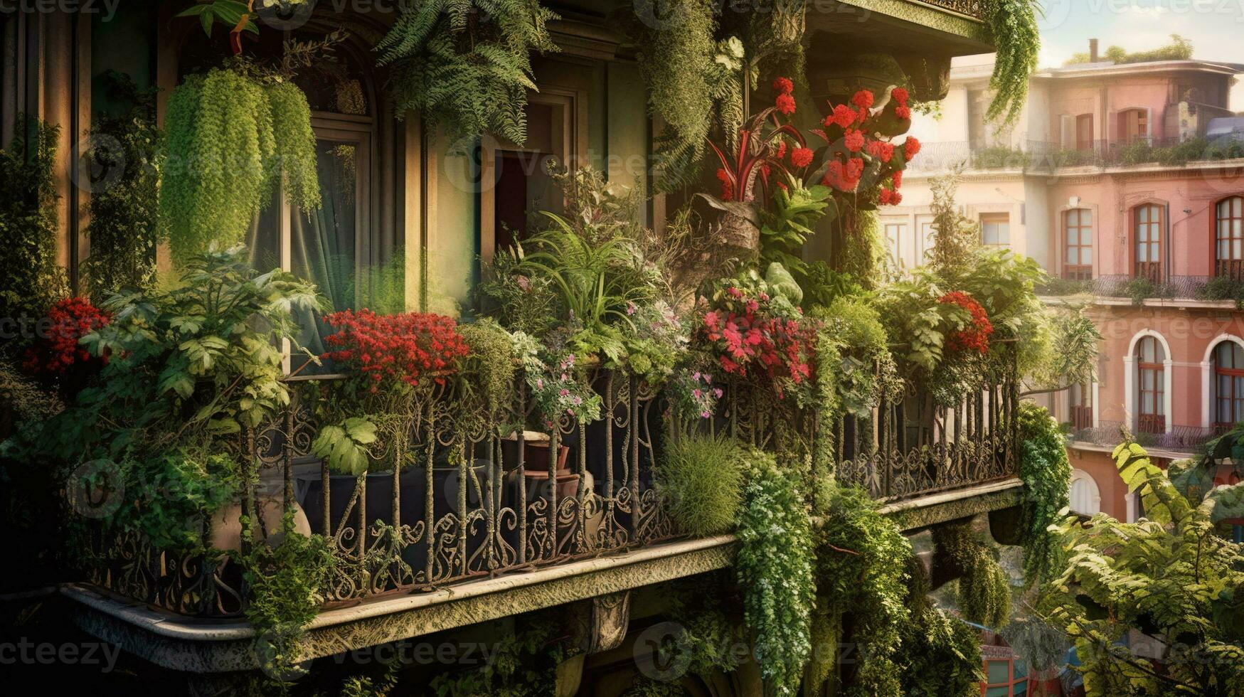 Generative AI, beautiful balcony surrounded by a tropical style garden, blooming flowers and green plants photo