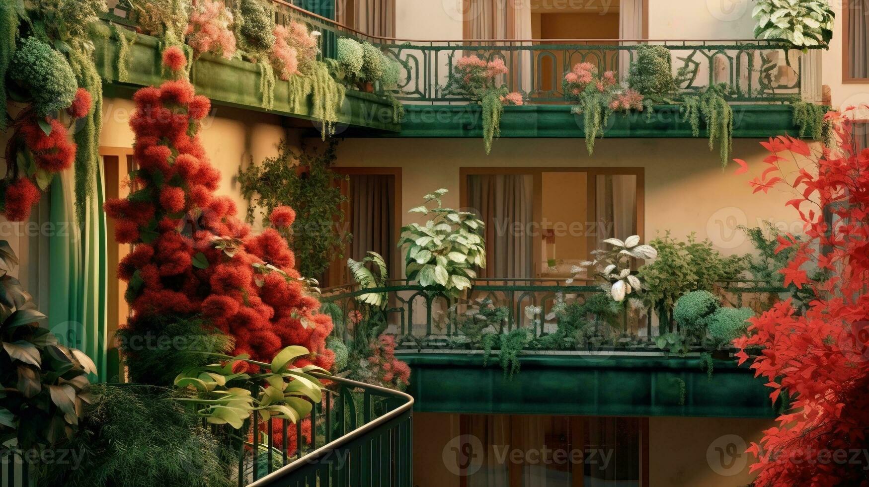 Generative AI, beautiful balcony surrounded by a tropical style garden, blooming flowers and green plants photo