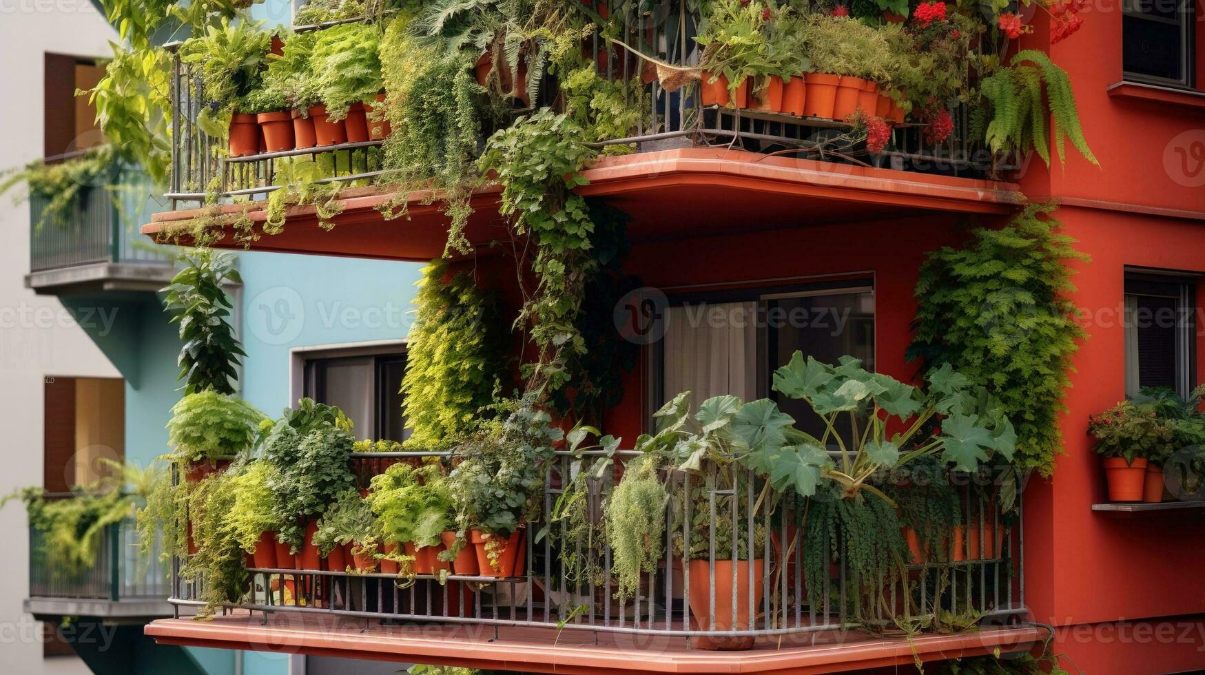 Generative AI, beautiful balcony surrounded by a tropical style garden, blooming flowers and green plants photo