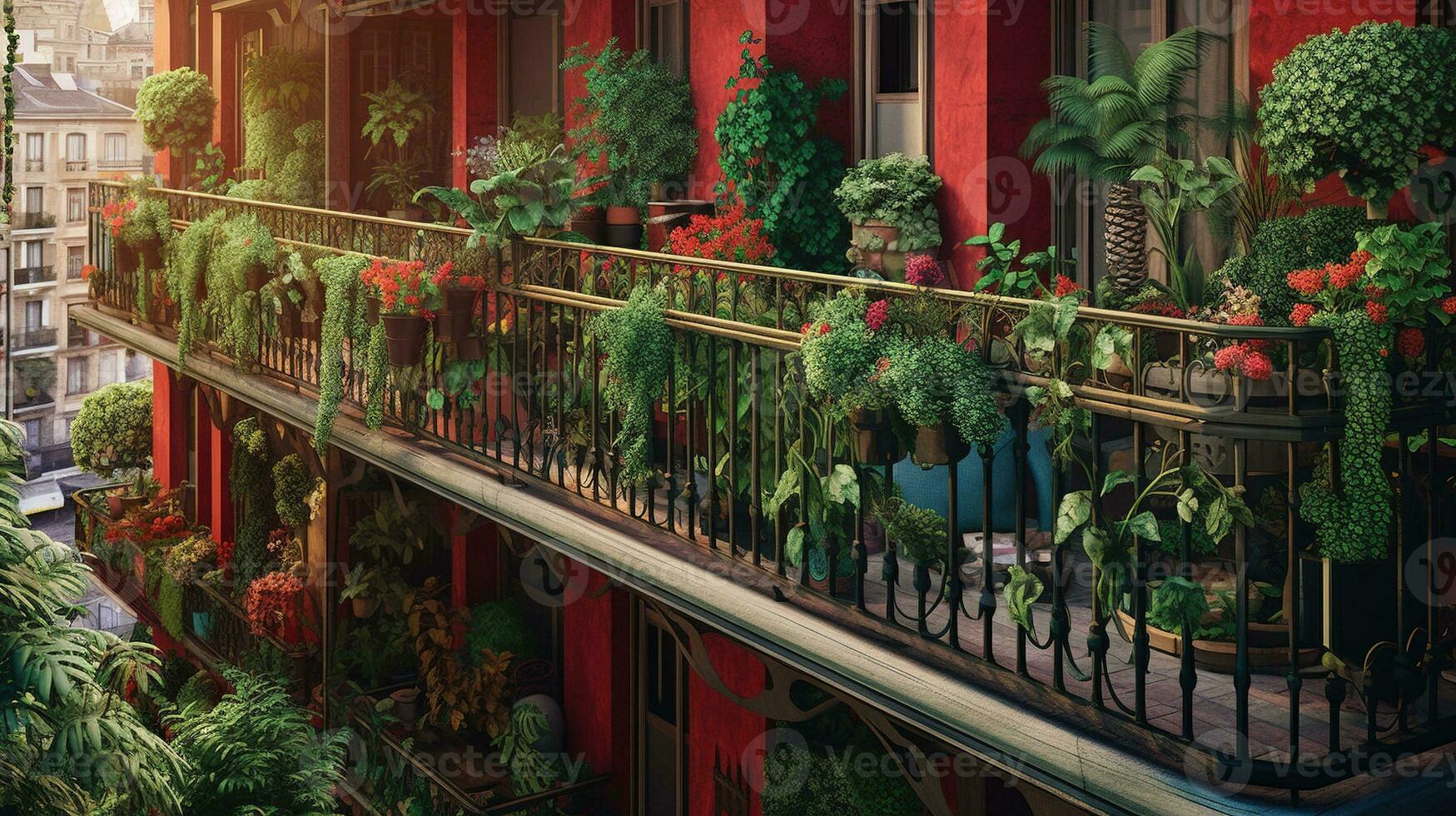 Generative AI, beautiful balcony surrounded by a tropical style garden, blooming flowers and green plants photo