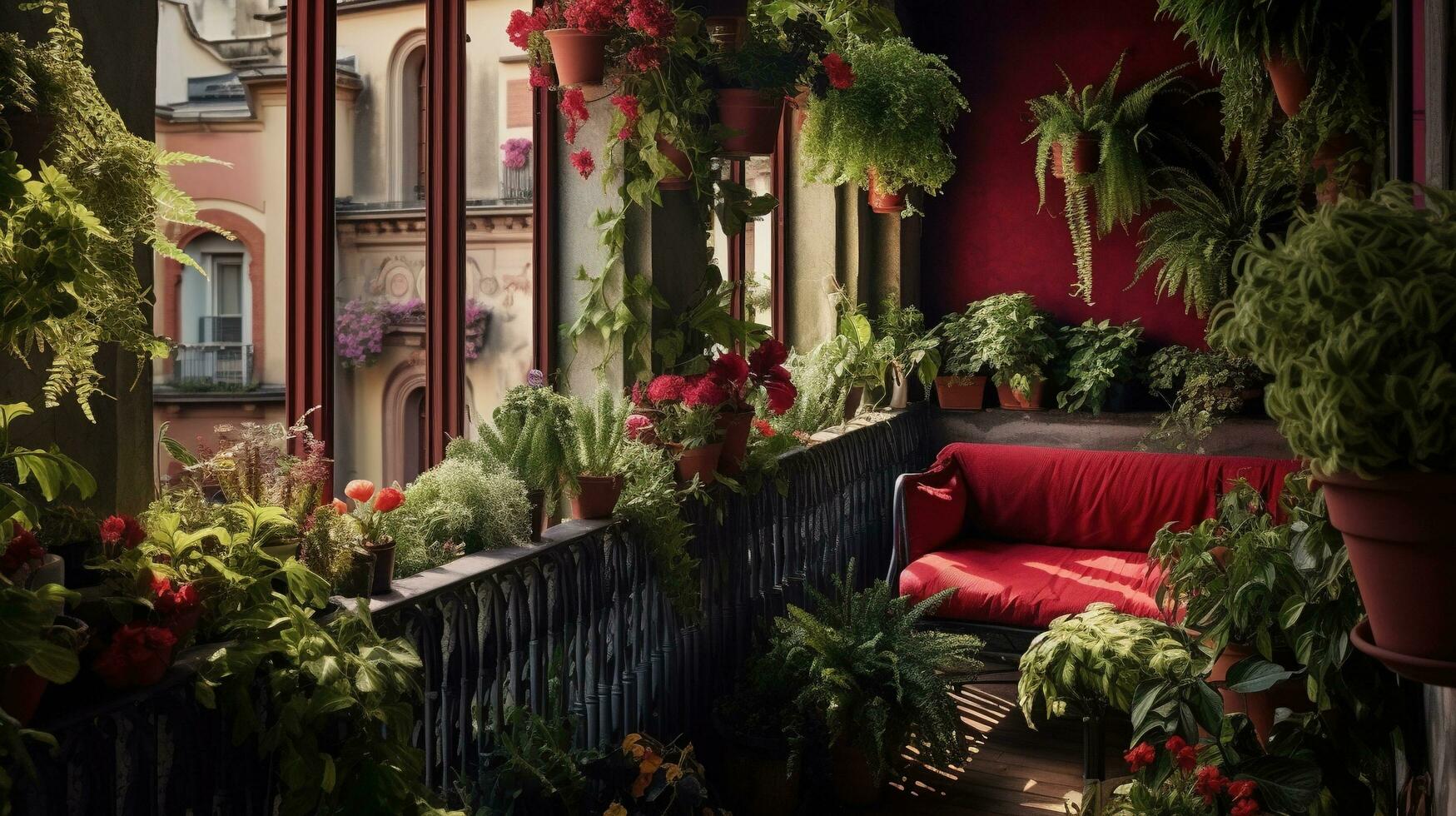 Generative AI, beautiful balcony surrounded by a tropical style garden, blooming flowers and green plants photo