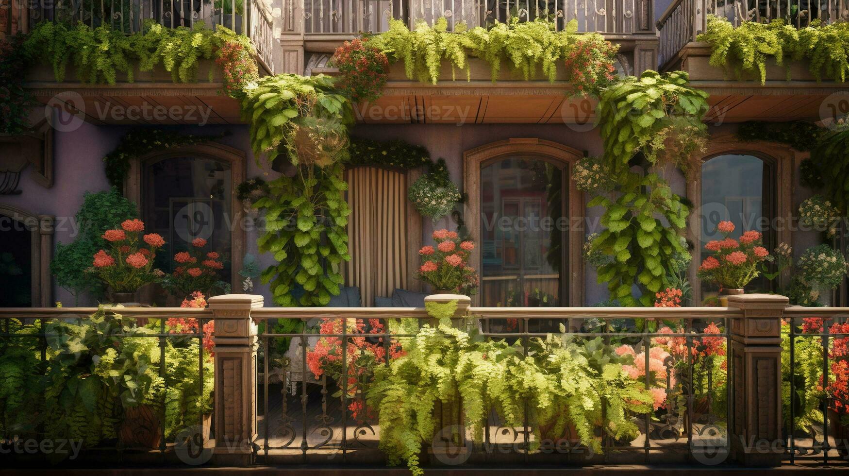Generative AI, beautiful balcony surrounded by a tropical style garden, blooming flowers and green plants photo