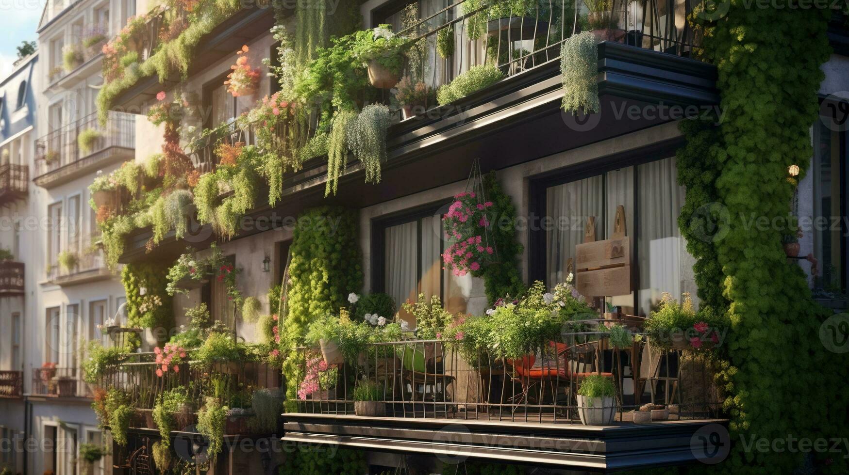 Generative AI, beautiful balcony surrounded by a tropical style garden, blooming flowers and green plants photo