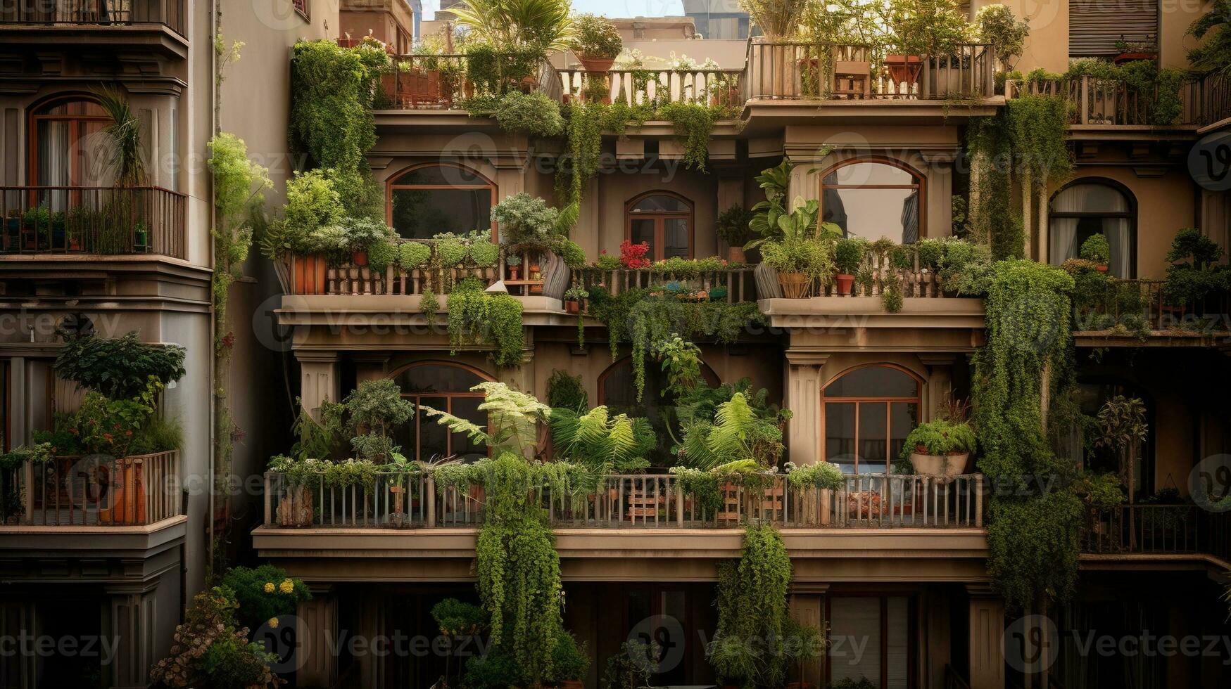 Generative AI, beautiful balcony surrounded by a tropical style garden, blooming flowers and green plants photo