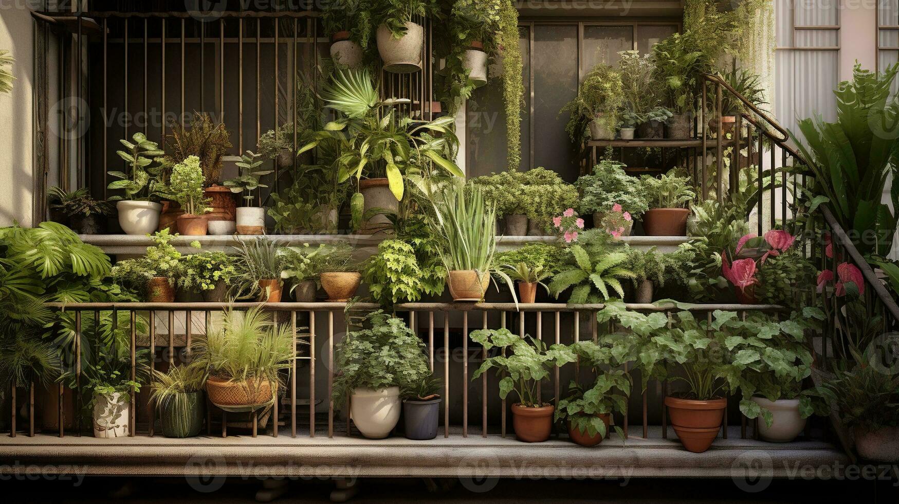 Generative AI, beautiful balcony surrounded by a tropical style garden, blooming flowers and green plants photo