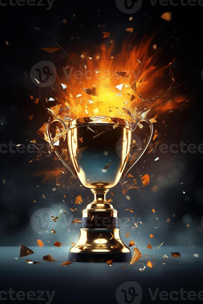 , Winner trophy with flames, golden champion cup with falling confetti on dark vertical background photo