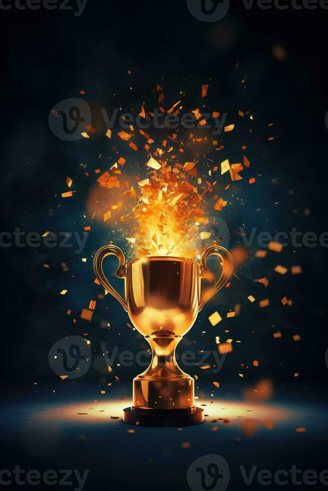 Generative AI, Winner trophy with flames, golden champion cup with falling confetti on dark vertical background photo