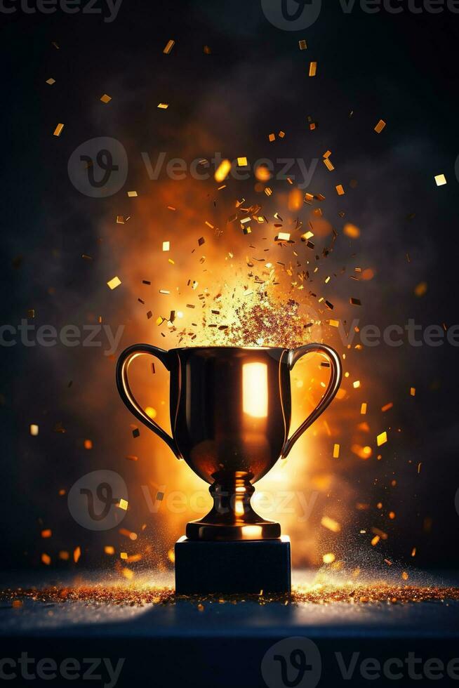 Generative AI, Winner trophy with flames, golden champion cup with falling confetti on dark vertical background photo