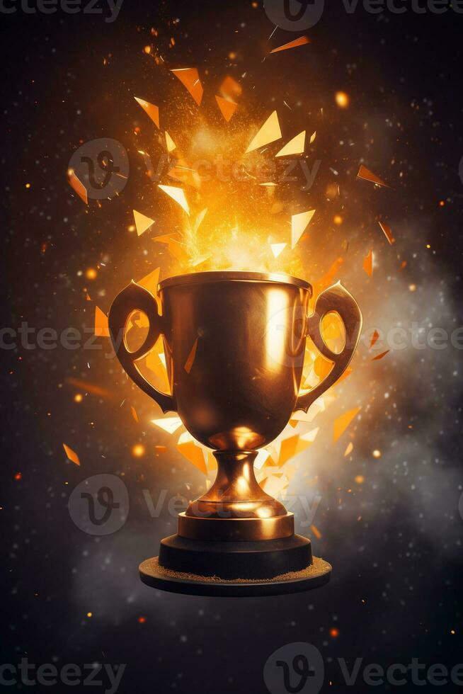 generativo ai, ganador trofeo con llamas, dorado campeón taza con que cae papel picado en oscuro vertical antecedentes foto