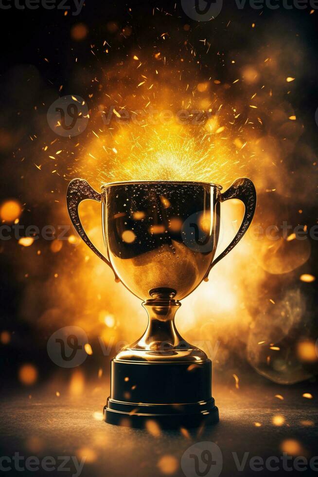 Generative AI, Winner trophy with flames, golden champion cup with falling confetti on dark vertical background photo