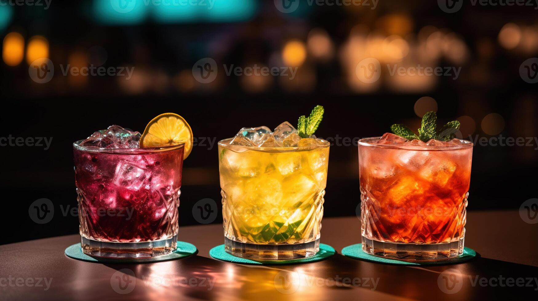 , three different bright cocktails glasses on the bar dark background. photo