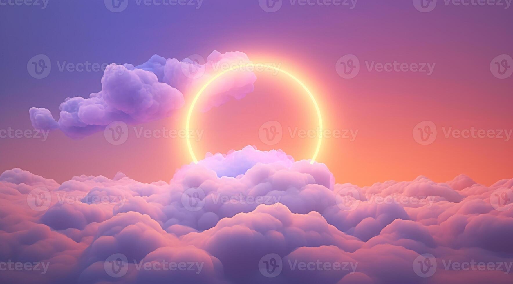 Generative AI, circle shape glowing with neon light inside the soft colorful cloud, fantasy pink and purple sky photo