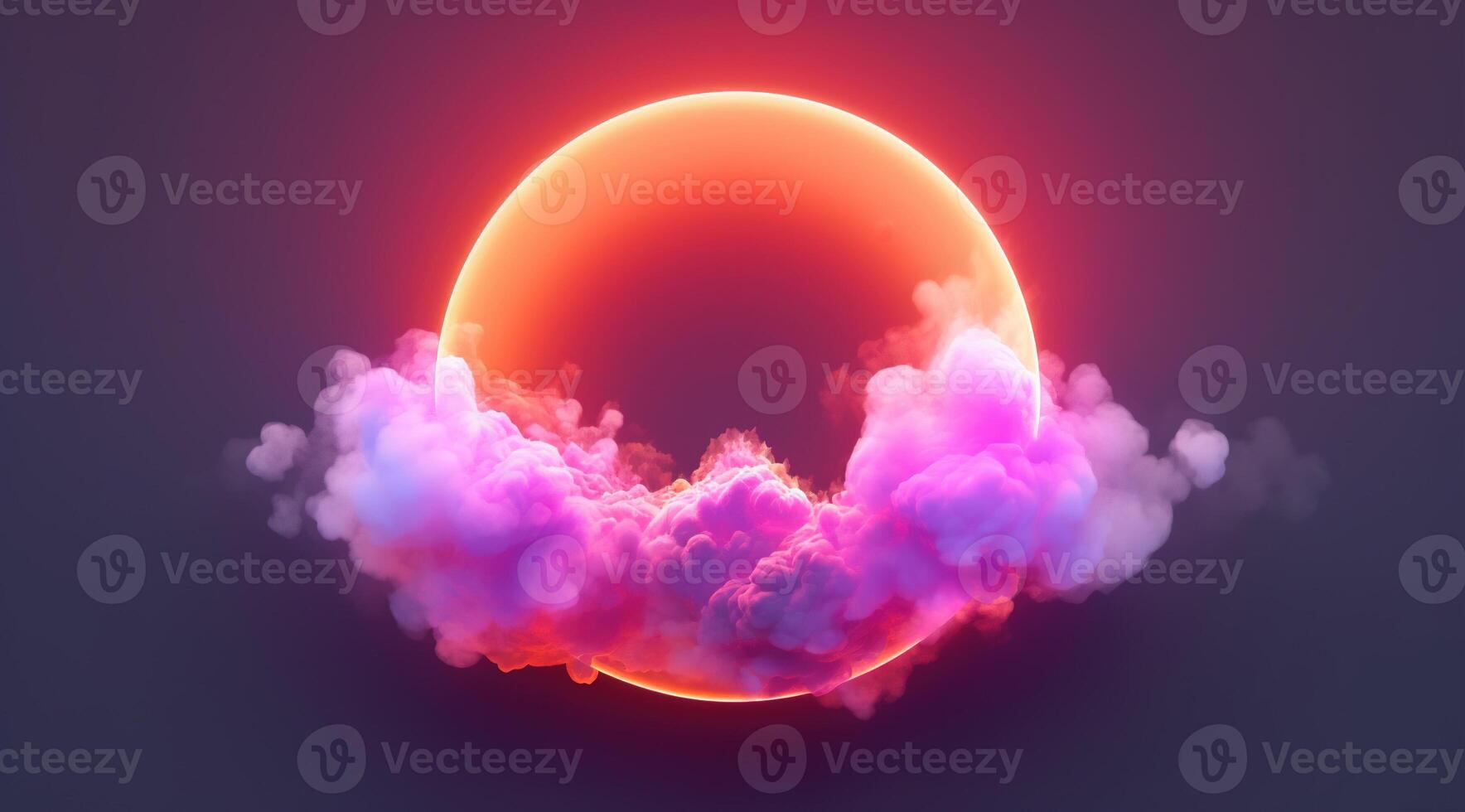 Generative AI, circle shape glowing with neon light inside the soft colorful cloud, fantasy pink and purple sky photo