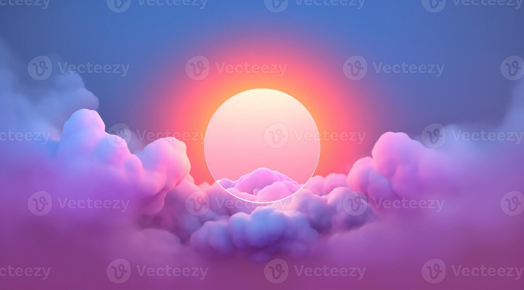 , circle shape glowing with neon light inside the soft colorful cloud, fantasy pink and purple sky photo