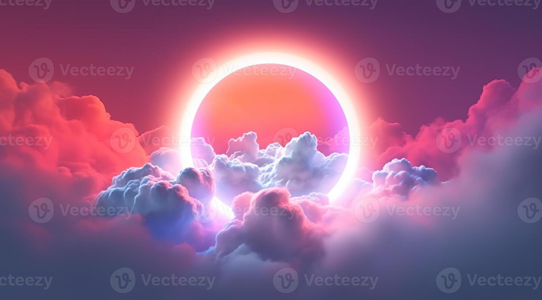 , circle shape glowing with neon light inside the soft colorful cloud, fantasy pink and purple sky photo