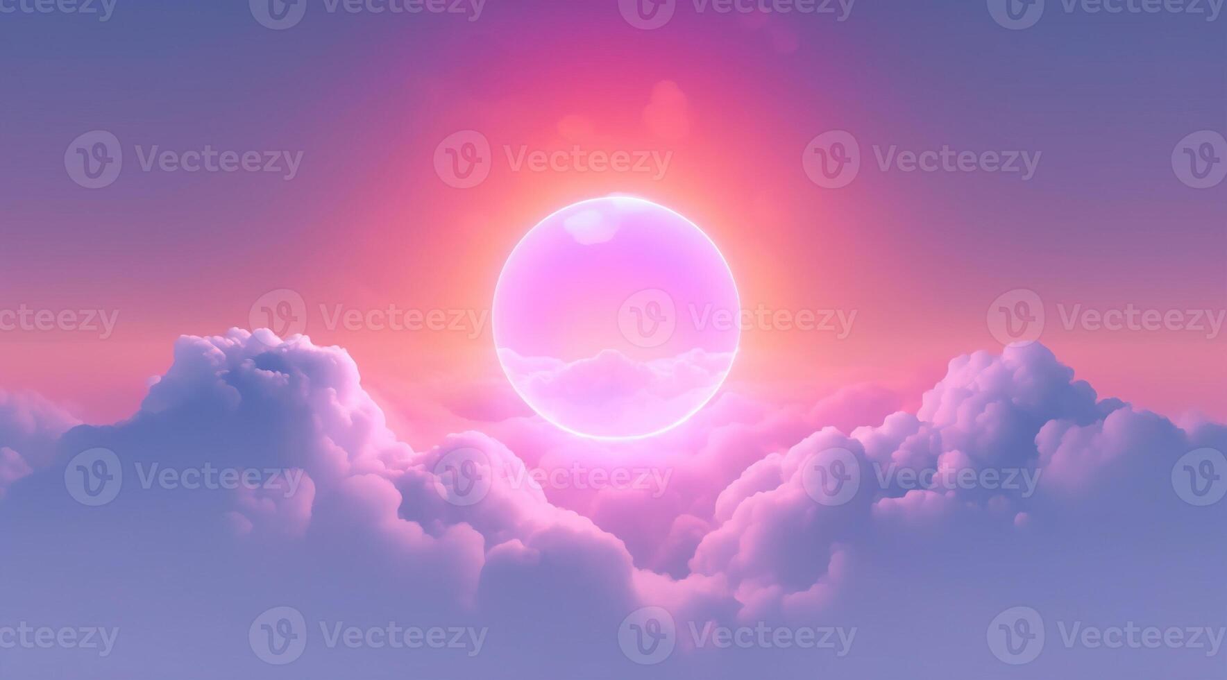 , circle shape glowing with neon light inside the soft colorful cloud, fantasy pink and purple sky photo