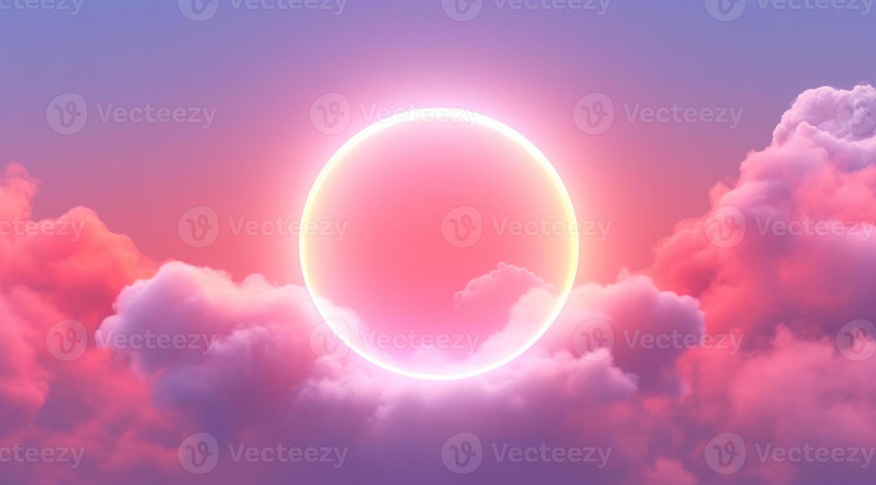 , circle shape glowing with neon light inside the soft colorful cloud, fantasy pink and purple sky photo