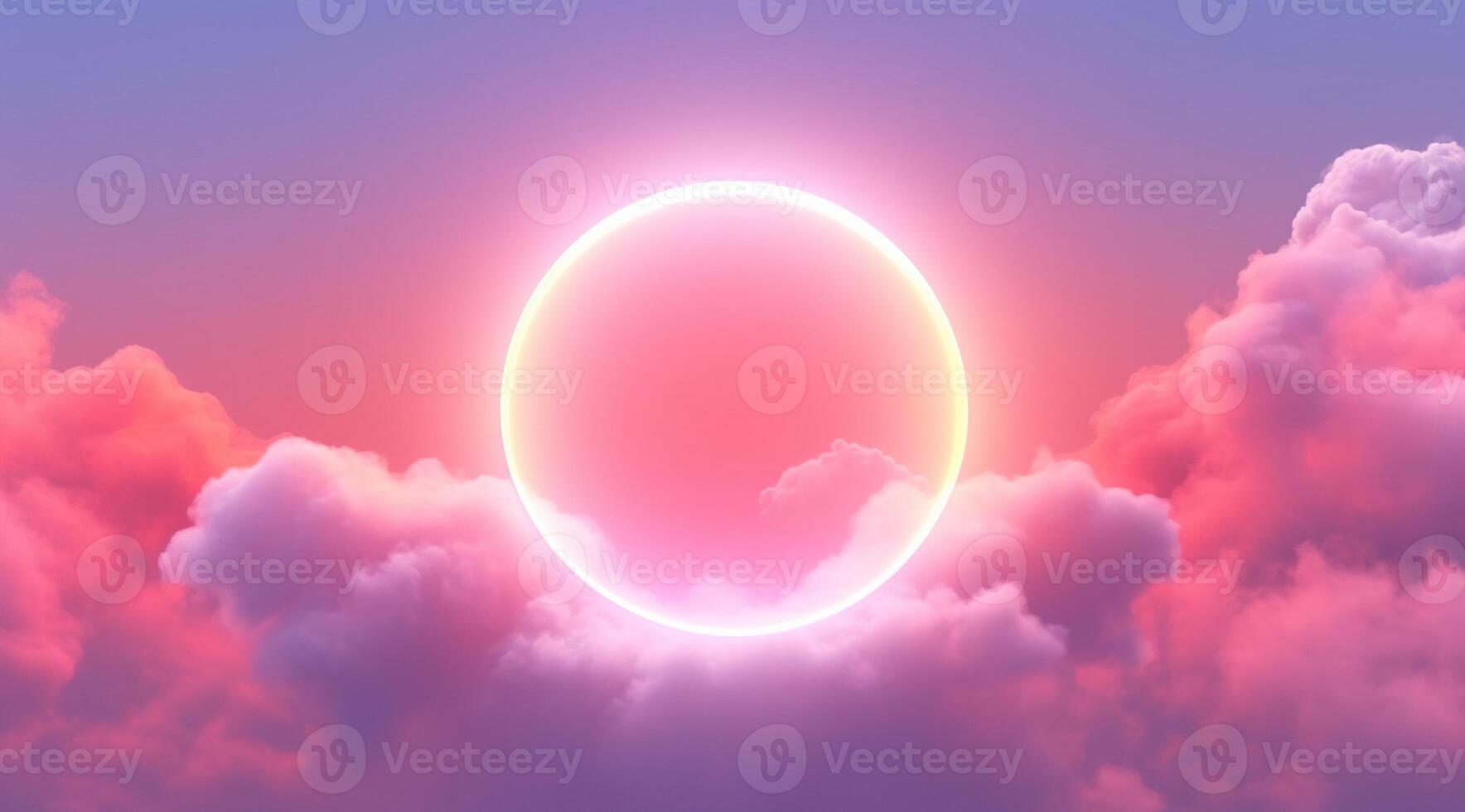 Generative AI, circle shape glowing with neon light inside the soft colorful cloud, fantasy pink and purple sky photo