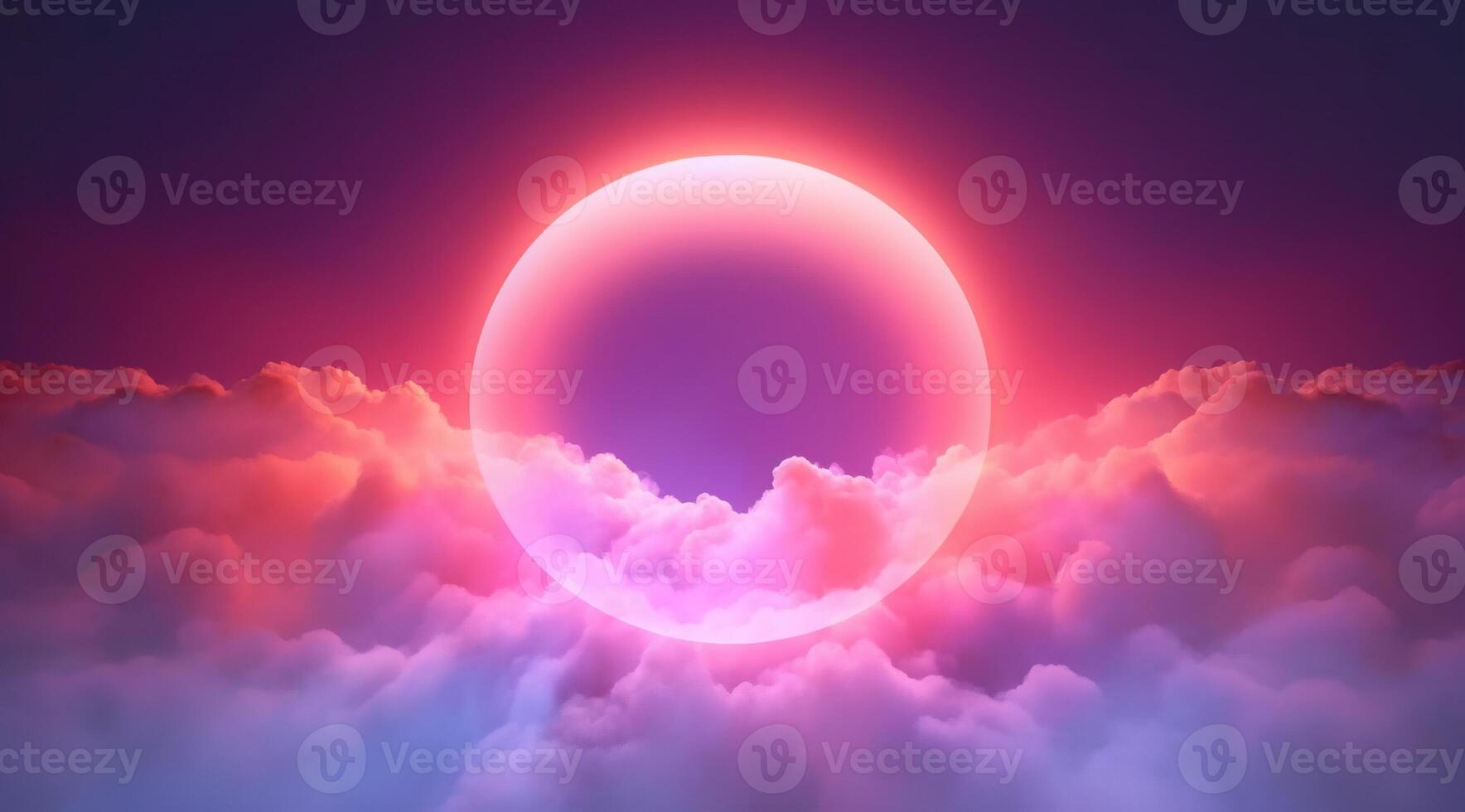 Generative AI, circle shape glowing with neon light inside the soft colorful cloud, fantasy pink and purple sky photo