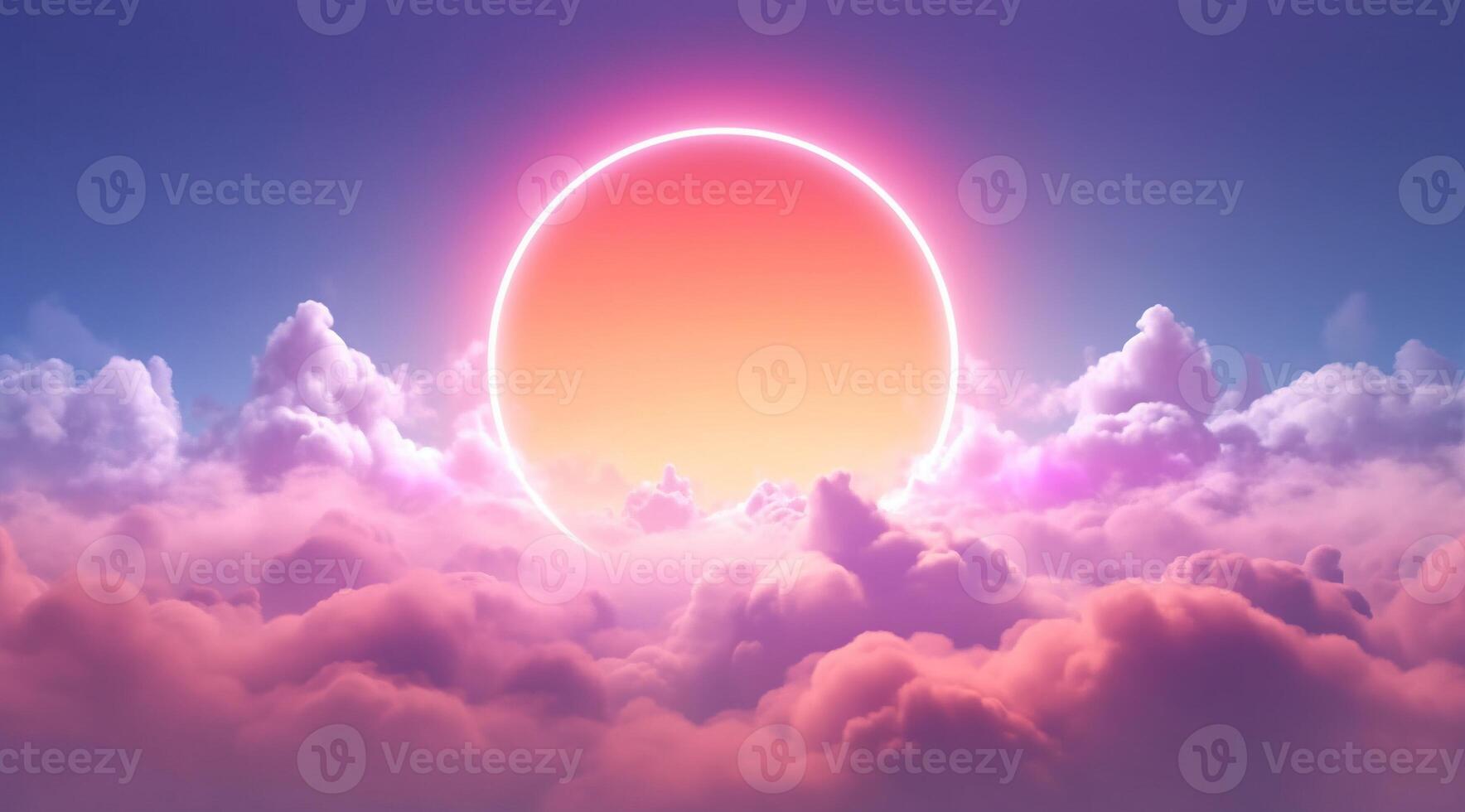 Generative AI, circle shape glowing with neon light inside the soft colorful cloud, fantasy pink and purple sky photo